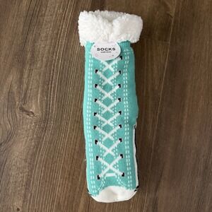NWT Teal And White Grip Bottom Sneaker Socks Fleece Lined One Size